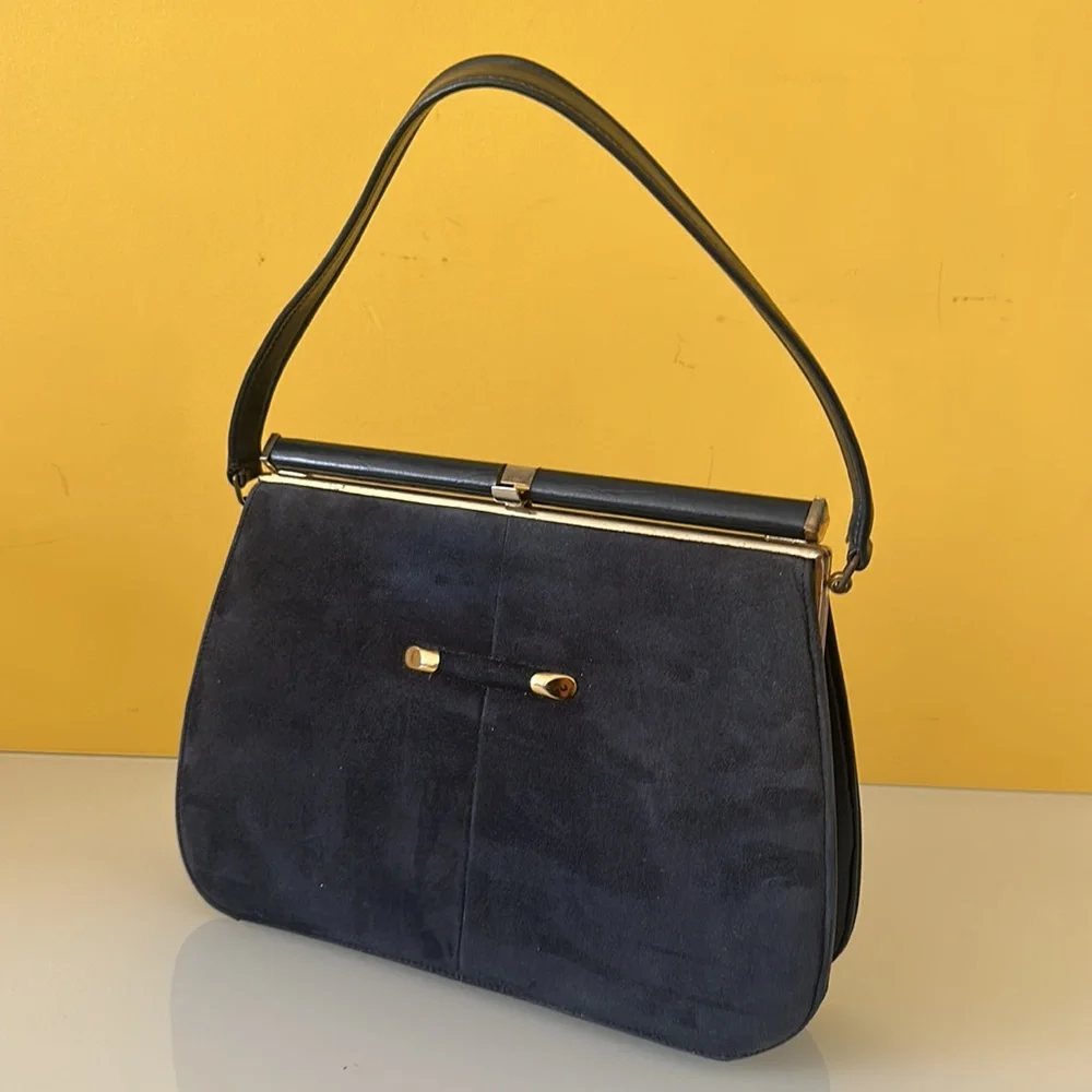Vintage Naturalizer Blue Suede Leather Top Handle Frame Purse Bag Pocketbook